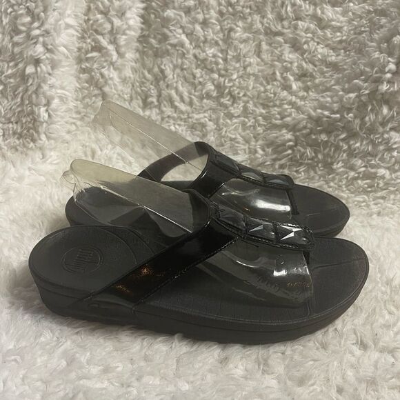 Fitflop black synthetic Black patent Studded wedge Sandals SZ11 - Picture 3 of 9